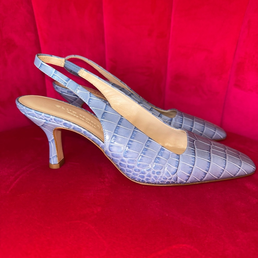 Blue Monaco Elegant Blue Croc-Embossed Slingback Heels